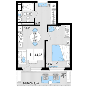 Квартира 44,4 м², 1-комнатные - изображение 1