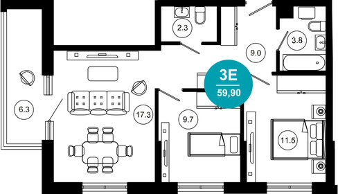 Квартира 59,9 м², 3-комнатные - изображение 1