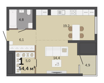 Квартира 54,4 м², 1-комнатные - изображение 2