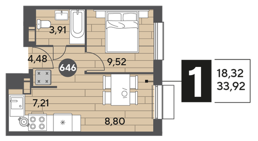 33,9 м², 1-комнатная квартира 5 891 904 ₽ - изображение 20