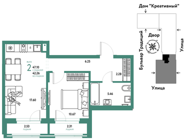 Квартира 47,1 м², 2-комнатная - изображение 1