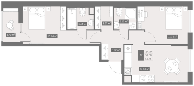 56,3 м², 2-комнатная квартира 7 700 000 ₽ - изображение 122