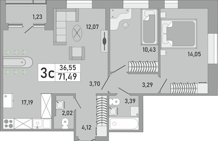 Квартира 71,5 м², 3-комнатная - изображение 1