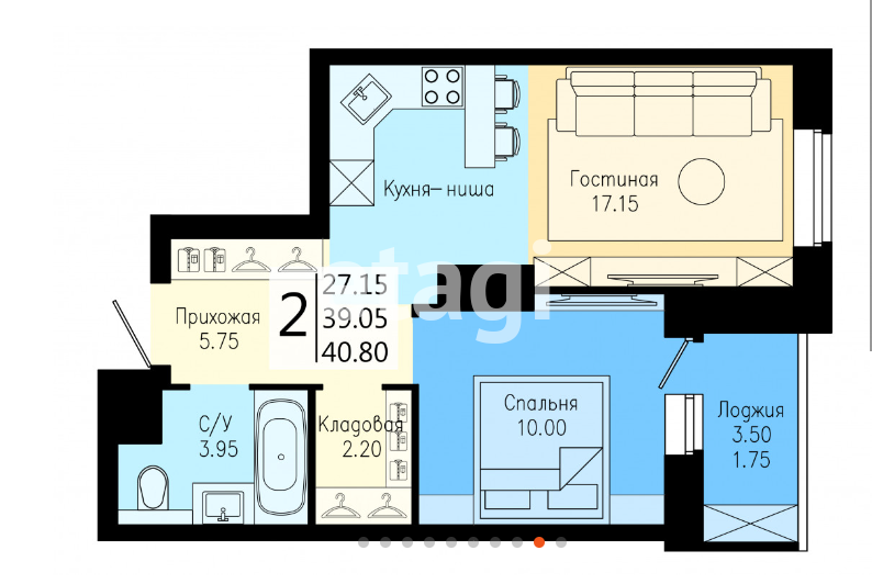 40,8 м², 2-комнатная квартира 6 250 000 ₽ - изображение 1