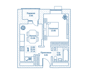 Квартира 37,1 м², 1-комнатная - изображение 1