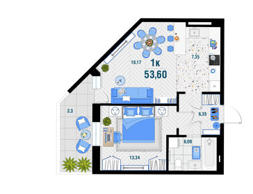 Квартира 53,6 м², 1-комнатная - изображение 1