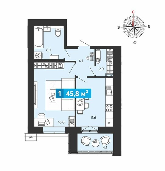 45,8 м², 1-комнатная квартира 4 427 500 ₽ - изображение 1