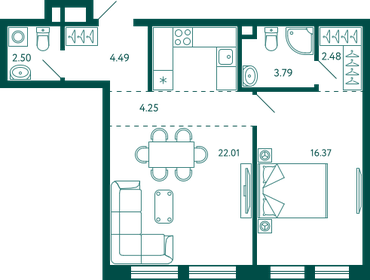 55,9 м², 1-комнатная квартира 9 636 274 ₽ - изображение 1