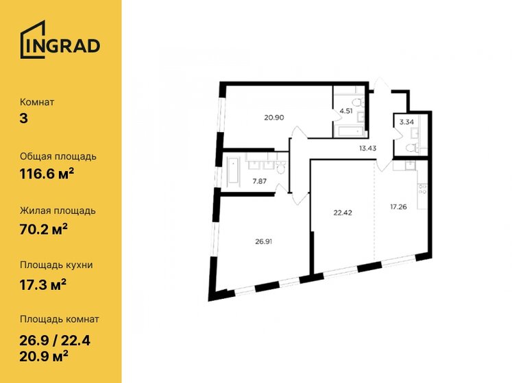 116,6 м², 3-комнатная квартира 42 495 336 ₽ - изображение 1