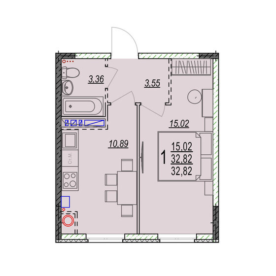 32,8 м², 1-комнатная квартира 3 774 300 ₽ - изображение 1