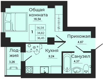 37,4 м², 1-комнатная квартира 3 476 340 ₽ - изображение 21