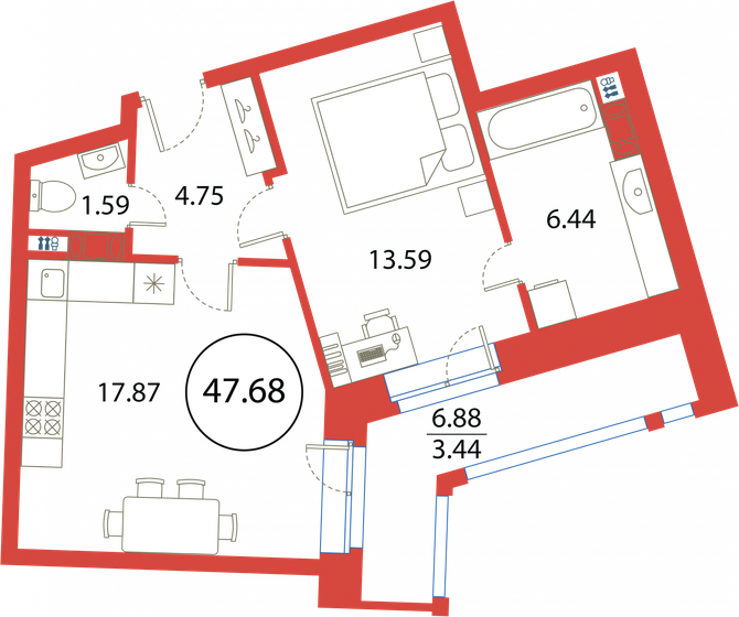47,7 м², 1-комнатная квартира 13 131 072 ₽ - изображение 1