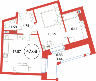 Квартира 47,7 м², 1-комнатная - изображение 1