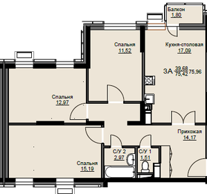 Квартира 76 м², 3-комнатная - изображение 1