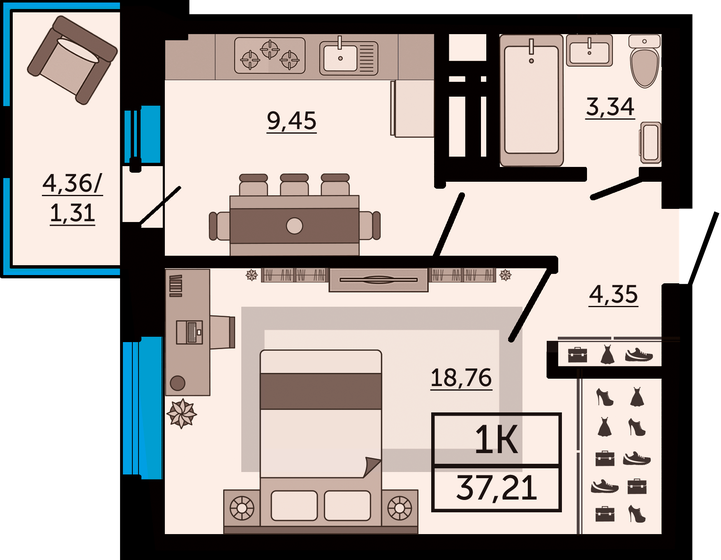 37,2 м², 1-комнатная квартира 5 358 240 ₽ - изображение 1