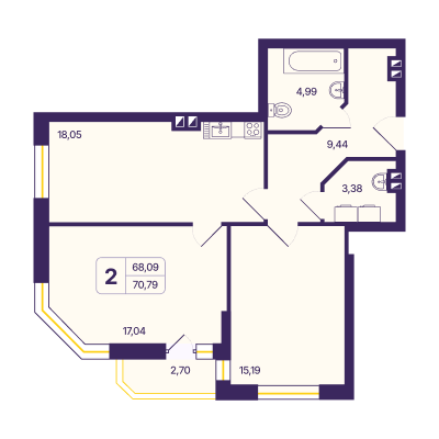 70,5 м², 2-комнатная квартира 8 390 000 ₽ - изображение 1