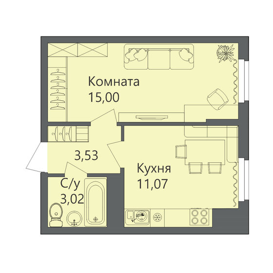 32,6 м², 1-комнатная квартира 3 751 300 ₽ - изображение 1