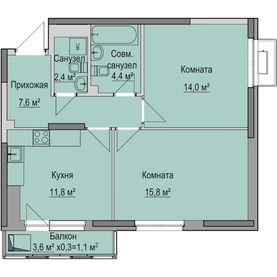 57,1 м², 2-комнатная квартира 5 824 000 ₽ - изображение 1