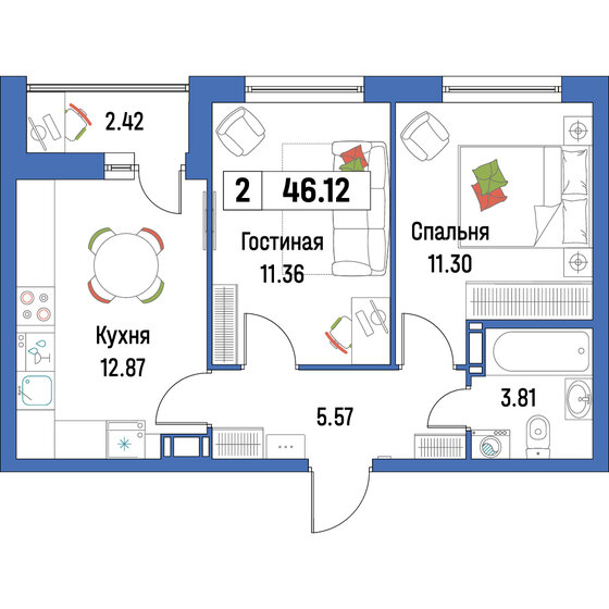 46,1 м², 2-комнатная квартира 7 190 108 ₽ - изображение 1