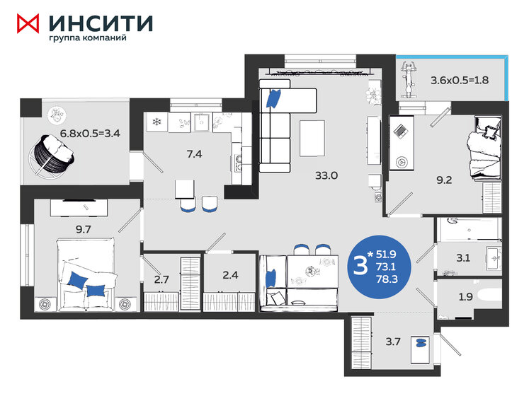 78,3 м², 3-комнатная квартира 7 768 378 ₽ - изображение 1