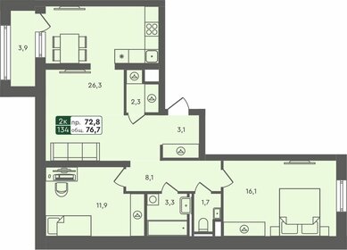 Квартира 76,7 м², 2-комнатная - изображение 1