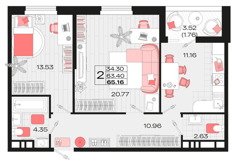 65,2 м², 2-комнатная квартира 7 747 524 ₽ - изображение 1