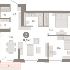 Квартира 74,3 м², 2-комнатная - изображение 3