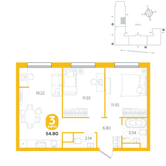 54,8 м², 3-комнатная квартира 6 040 000 ₽ - изображение 1