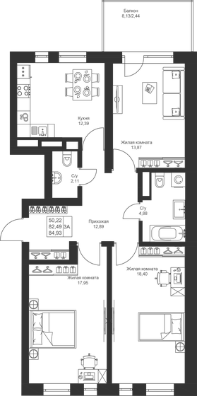 84,9 м², 3-комнатная квартира 10 446 390 ₽ - изображение 1