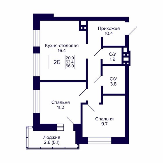 56 м², 2-комнатная квартира 6 552 000 ₽ - изображение 1