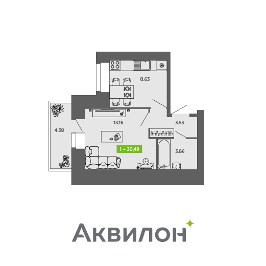 30,5 м², 1-комнатная квартира 3 626 755 ₽ - изображение 1