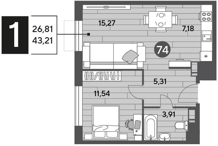 43,2 м², 1-комнатная квартира 5 863 597 ₽ - изображение 1