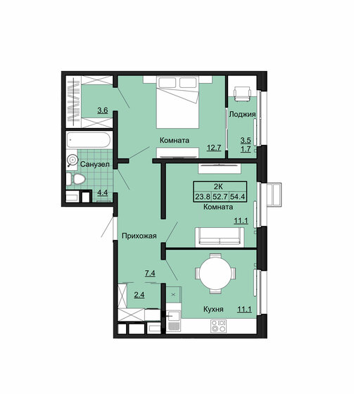 54,4 м², 2-комнатная квартира 4 569 600 ₽ - изображение 1