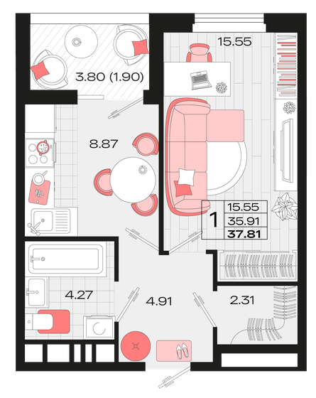 37,8 м², 1-комнатная квартира 5 896 469 ₽ - изображение 15