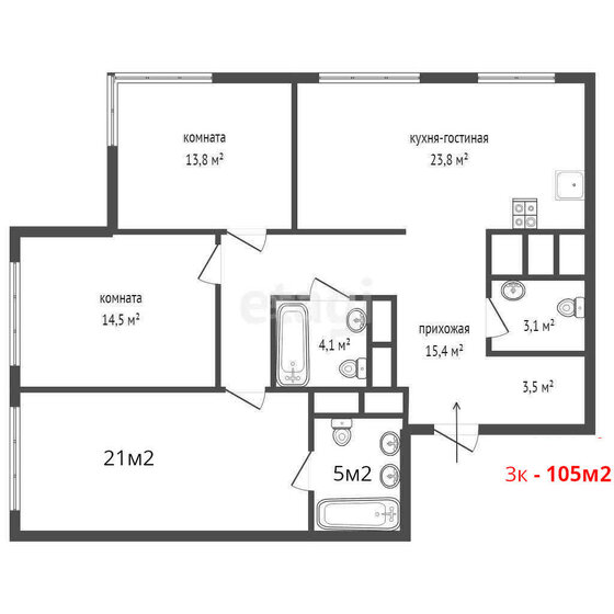 105 м², 3-комнатная квартира 14 900 000 ₽ - изображение 1