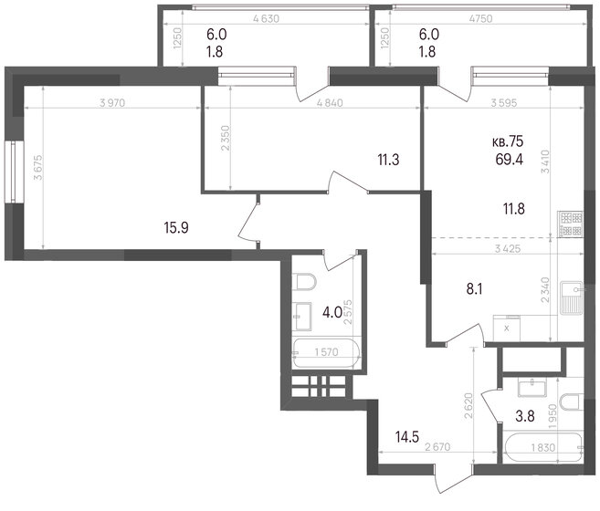 69,4 м², 3-комнатная квартира 7 820 403 ₽ - изображение 1