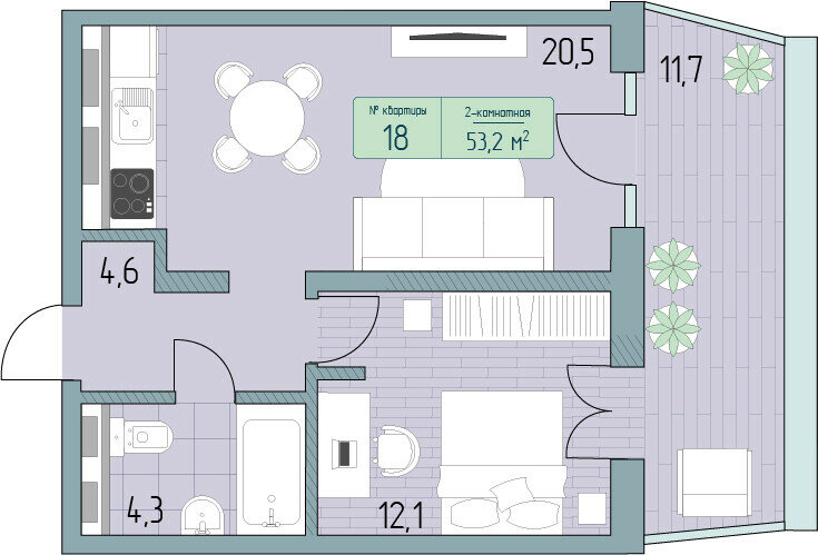 61,4 м², 2-комнатные апартаменты 13 619 200 ₽ - изображение 1