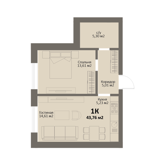 43,8 м², 1-комнатная квартира 5 907 600 ₽ - изображение 1