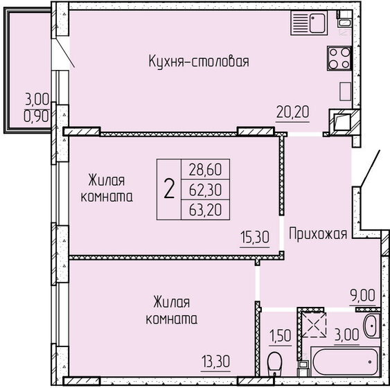 64,3 м², 2-комнатная квартира 6 315 000 ₽ - изображение 1