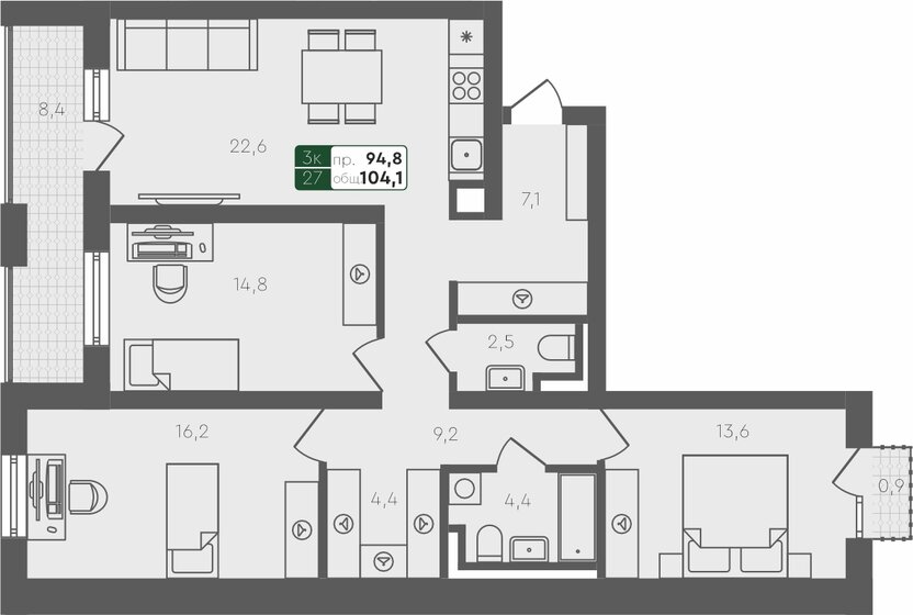 104,1 м², 3-комнатная квартира 9 860 000 ₽ - изображение 1