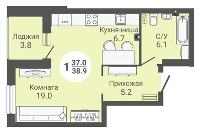 Квартира 39 м², 1-комнатная - изображение 1