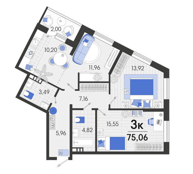 75,1 м², 3-комнатная квартира 9 007 200 ₽ - изображение 12