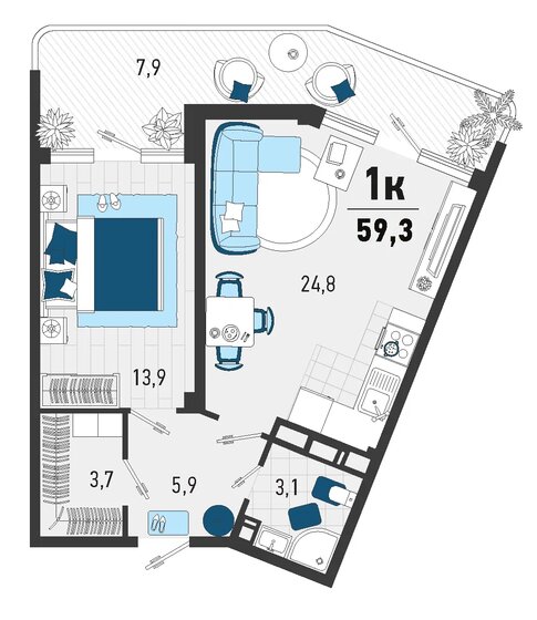 59,3 м², 1-комнатная квартира 13 000 000 ₽ - изображение 1