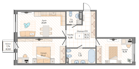 Квартира 81,2 м², 2-комнатная - изображение 1