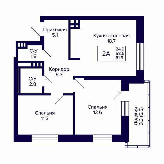 61,9 м², 2-комнатная квартира 6 570 000 ₽ - изображение 1