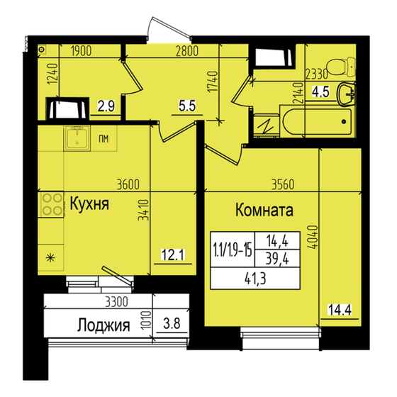 41,3 м², 1-комнатная квартира 9 438 907 ₽ - изображение 1