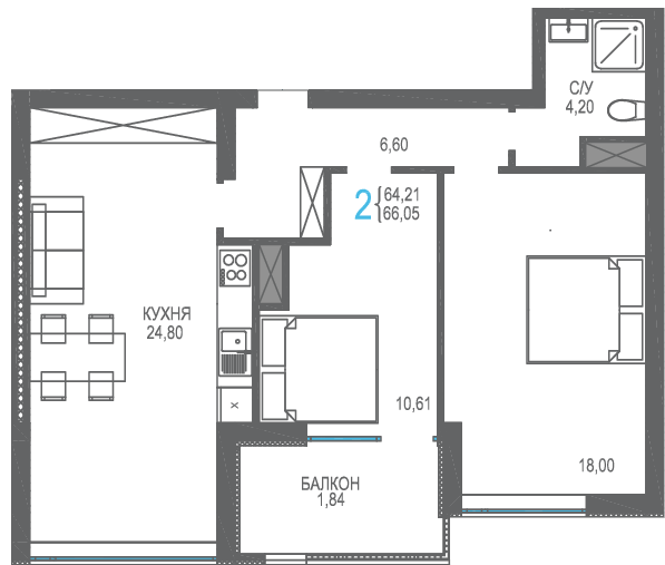 66,1 м², 2-комнатная квартира 16 182 250 ₽ - изображение 1