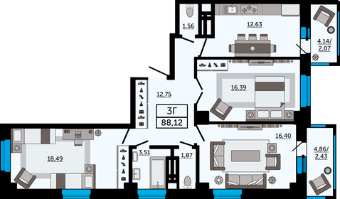 Квартира 88,1 м², 3-комнатная - изображение 1