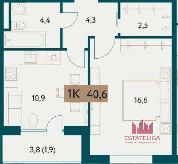 40,6 м², 1-комнатная квартира 21 700 000 ₽ - изображение 1