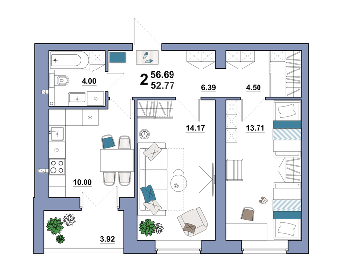 56,7 м², 2-комнатная квартира 5 083 755 ₽ - изображение 1